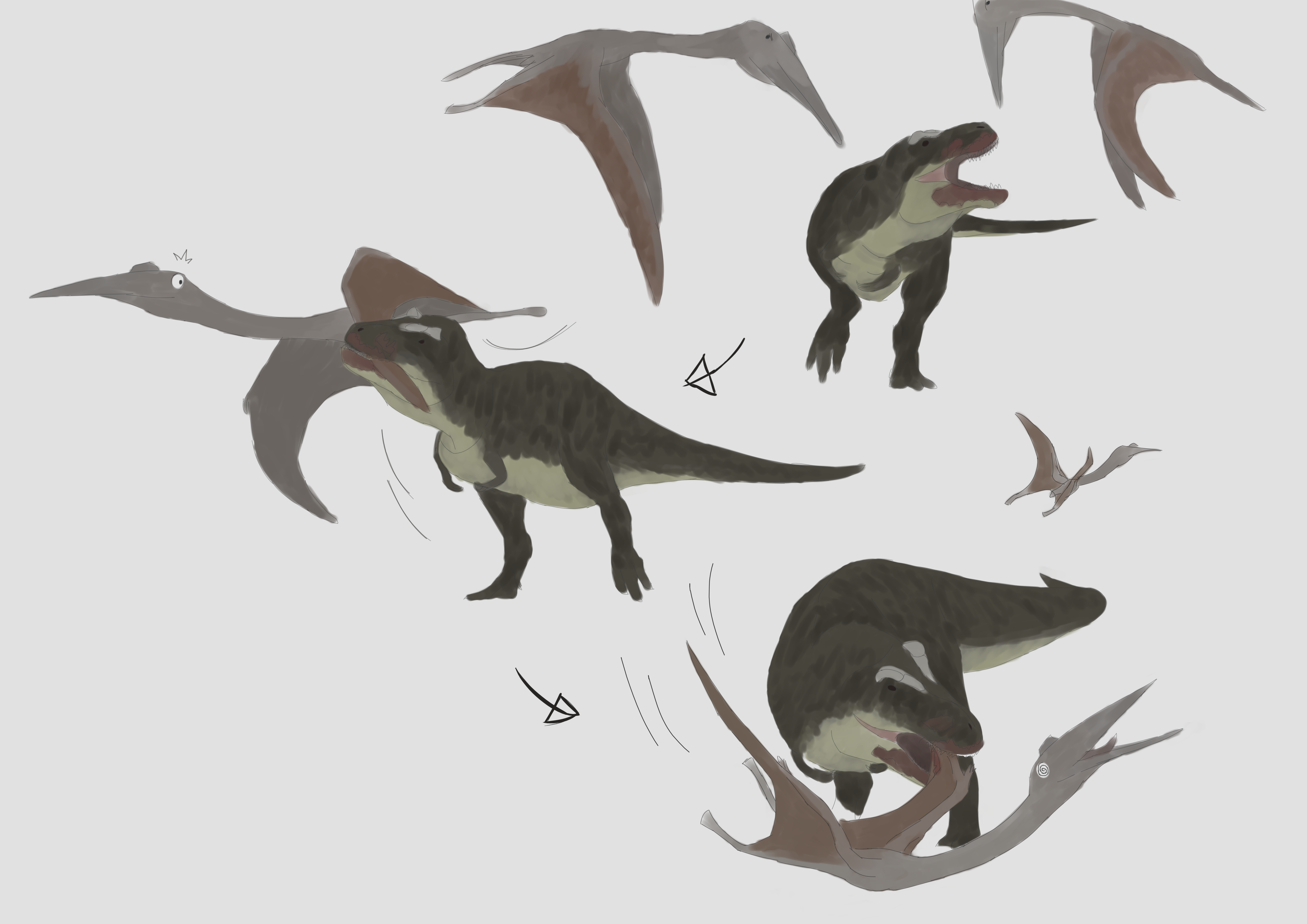 The evolution of depictions of Quetzalcoatlus, showing that the genus (and  azhdarchids in general) were pterosaurs that hunted on foot rather than  being aerial predators like most (though not all) predatory birds.